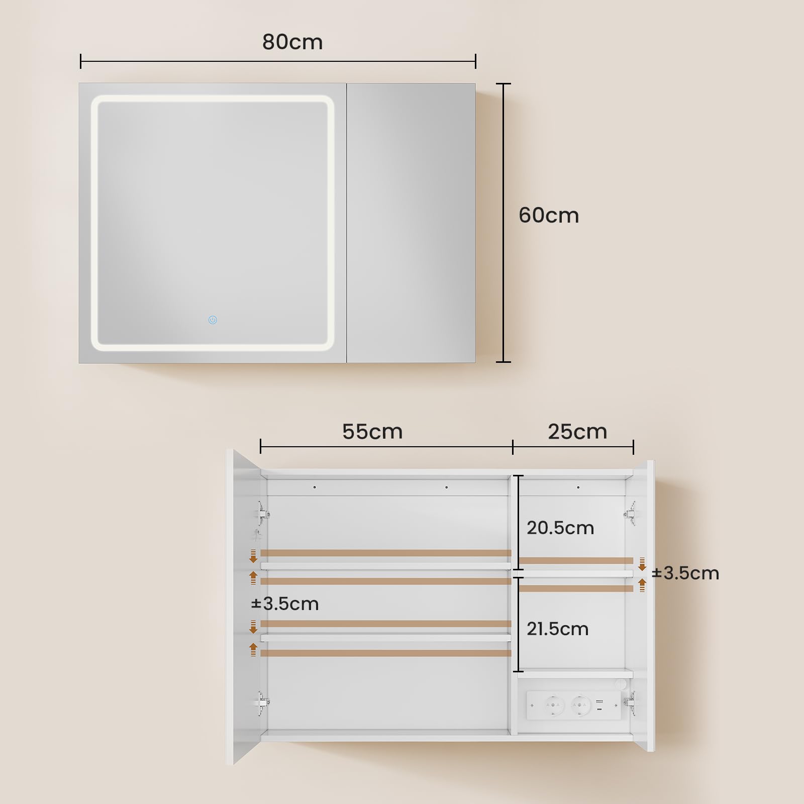 Specchio Bagno con Luce LED Regolabile e Presa Multipla, 2 Ante Specchio Bagno Contenitore 80x16x60 cm con Ripiani Regolabili, Specchiera Bagno con Specchio Grande HD, Bianco