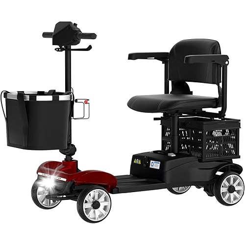 4 Wheels Mobility Scooter for Adults, 15 Miles Long Travel Range Foldable Lightweight Mobility Scooter, 300 lbs Capacity, Motorized Scooter for Seniors with LED Headlight and Detachable Basket (Red)