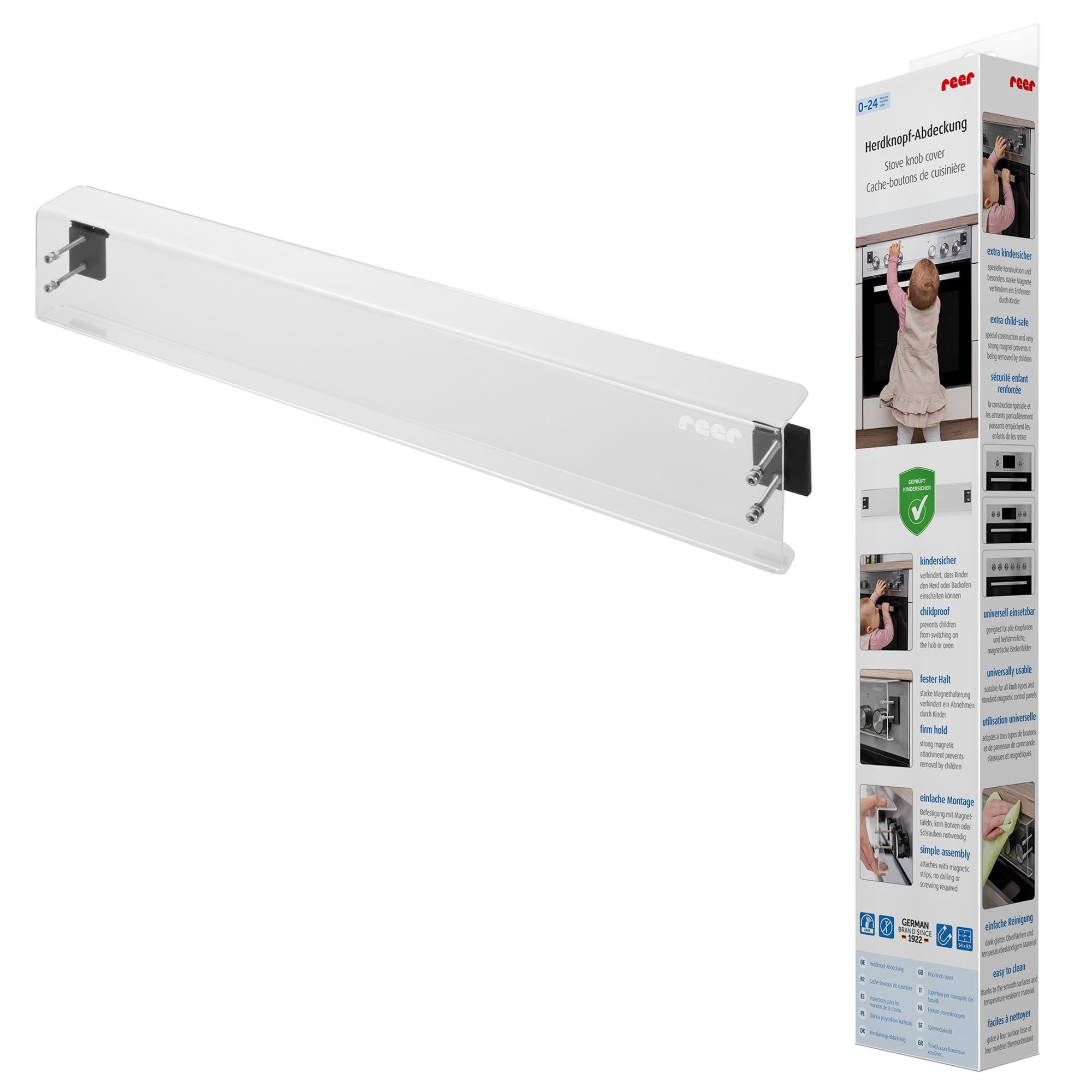 reer Herdknopf-Abdeckung | Kindersicherung | Schalterabdeckung für normale und versenkbare Herdknöpfe | für Gasherd, Elektroherd, Standherd oder Einbauherd | transparent