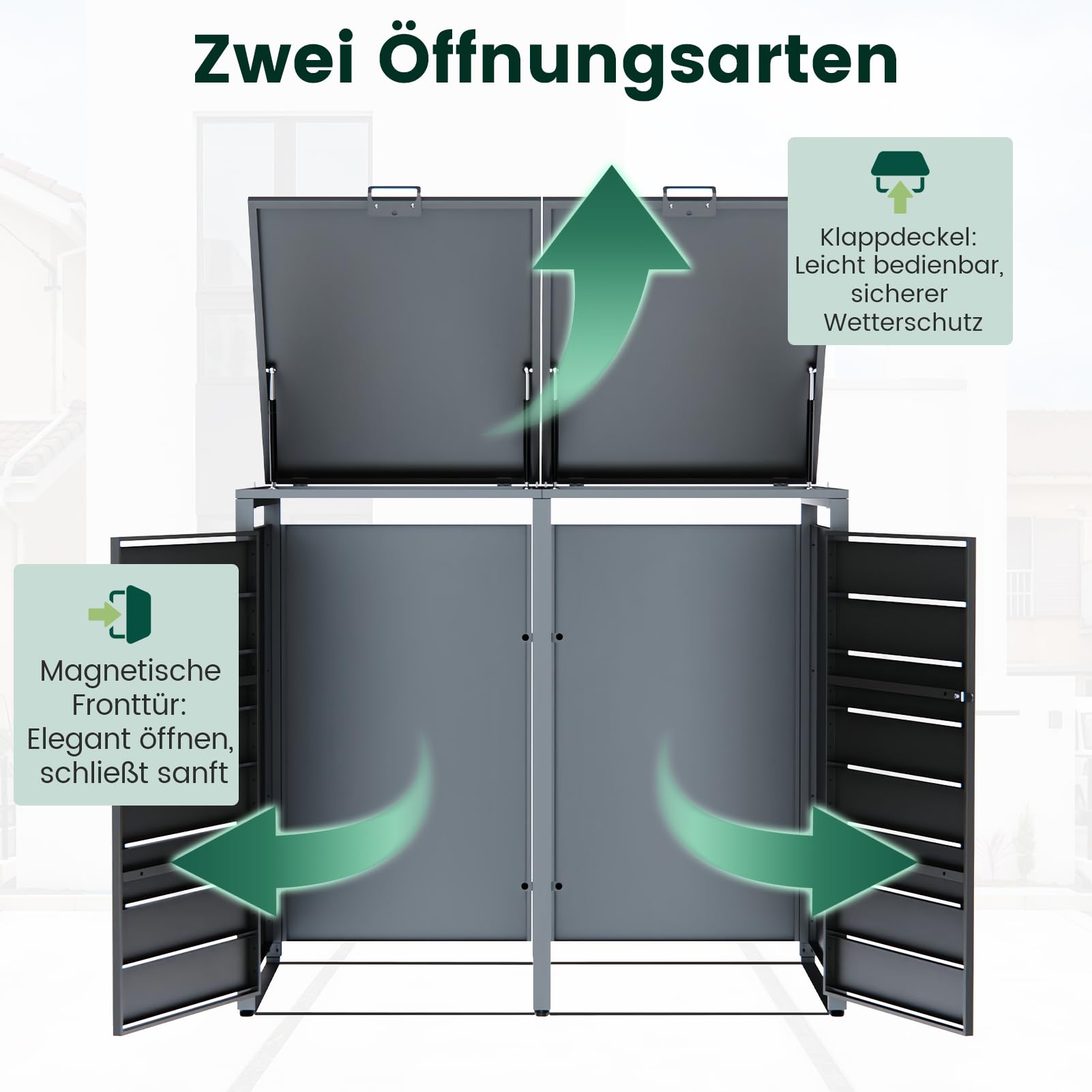CHOSHOME Mülltonnenbox 2er 240L - Anthrazitgrau Verzinkter Stahl & Holzoptik - 2 Tonnen mit Abschließbar - inkl. Erweiterungsmöglichkeit - Mülltonnenverkleidung, Aufbewahrungsbox für Mülltonnen