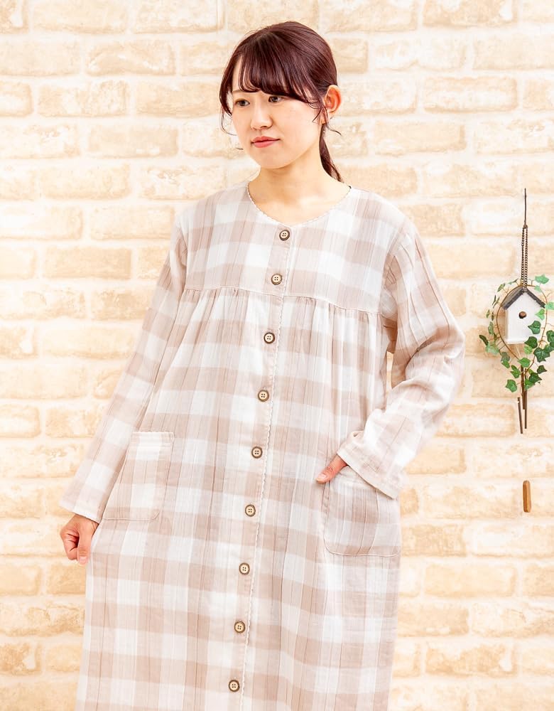 [ケーズアイ] ふわっとしたガーゼ楊柳チェック 前開き長袖ワンピース 春・初夏向き ネグリジェ ナイトウェア ルームウェア パジャマ