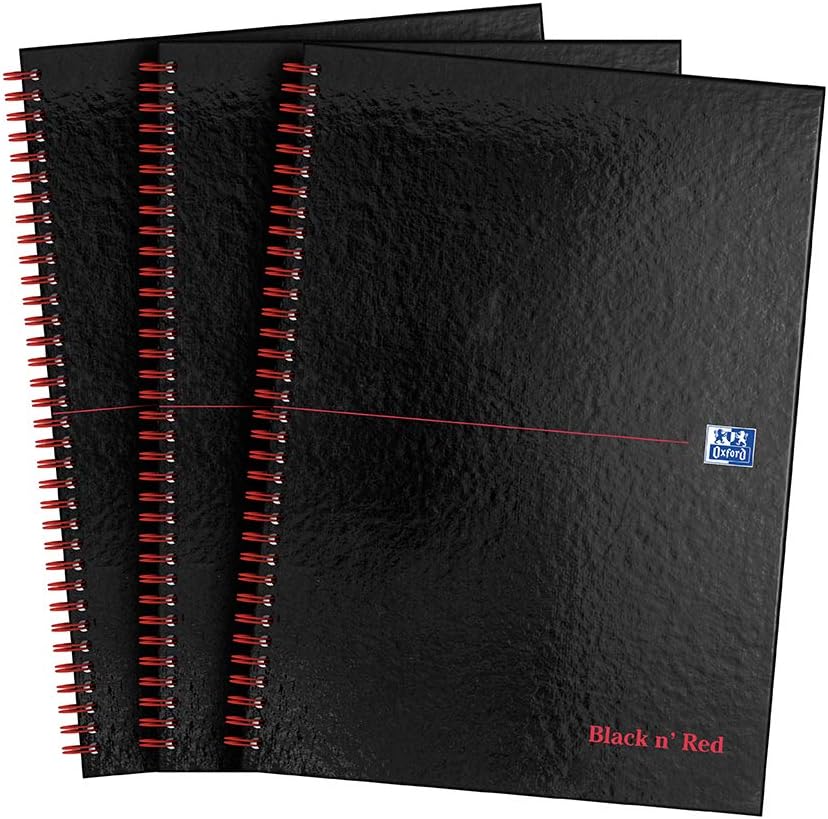 Oxford Black n' Red A4 Notebook, Glossy Hardback Wirebound, Pack of 3