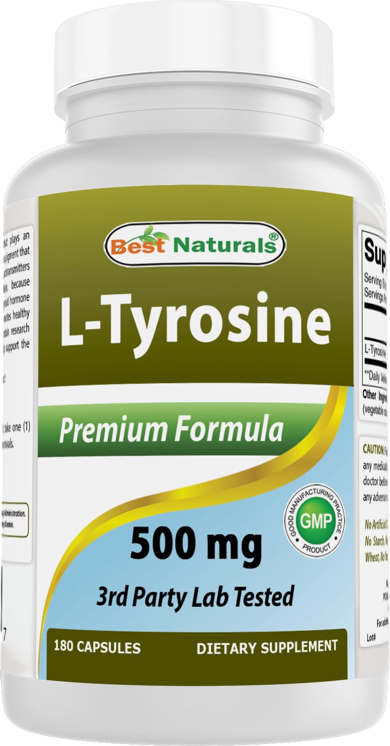 Best Naturals L-Tyrosine 500 Mg 180 Capsules - Supports Mental Alertness, Energy, Focus, Healthy Glandular Function and Balance 180 Count (Pack of 1)