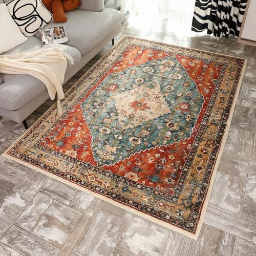 Yancorp 4'x6' Area Rug for Bedroom Non Slip Washable Rug Vintage Carpet Living Room Non-Shedding Hallway Runner Rug Indoor Floor Mats Bedroom Kitchen Entryway Rugs-Rectangle Red