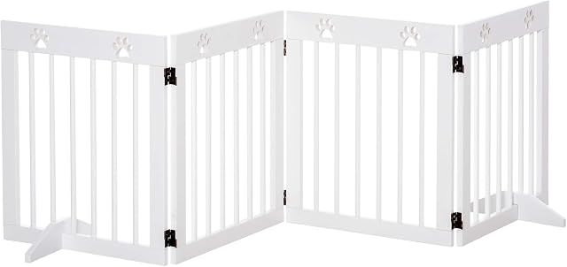 PawHut Freestanding Pet Gate 4 Panel Wooden Dog Barrier Folding Safety Fence with Support Feet up to 204cm Long 61cm Tall for Doorway Stairs White