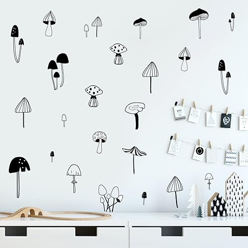 96 calcomanías de pared de hongos, bonitas calcomanías de pared de hongos, color negro, removibles, para niños, guardería, habitación, escuela,
