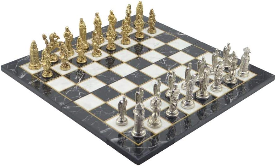 Seljuks-Byzantine Figures Metal Chess Set for Adult,Handmade Decorative Pieces and Marble and Mosaic Design Wooden Chessboard (Marble Design)