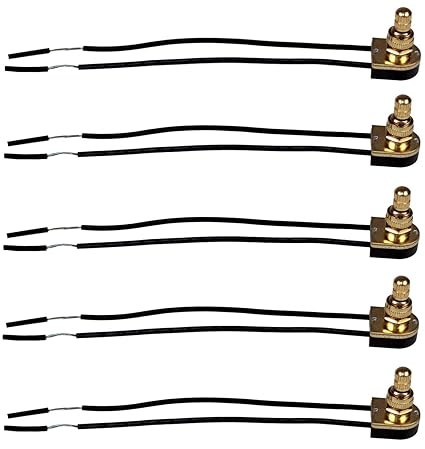 5 Pack of Rotary On/Off Switches, Single Circuit, 3A-120V, Brass Finish, Metal Bushing with 6 Inch Wire Leads Stripped Ends