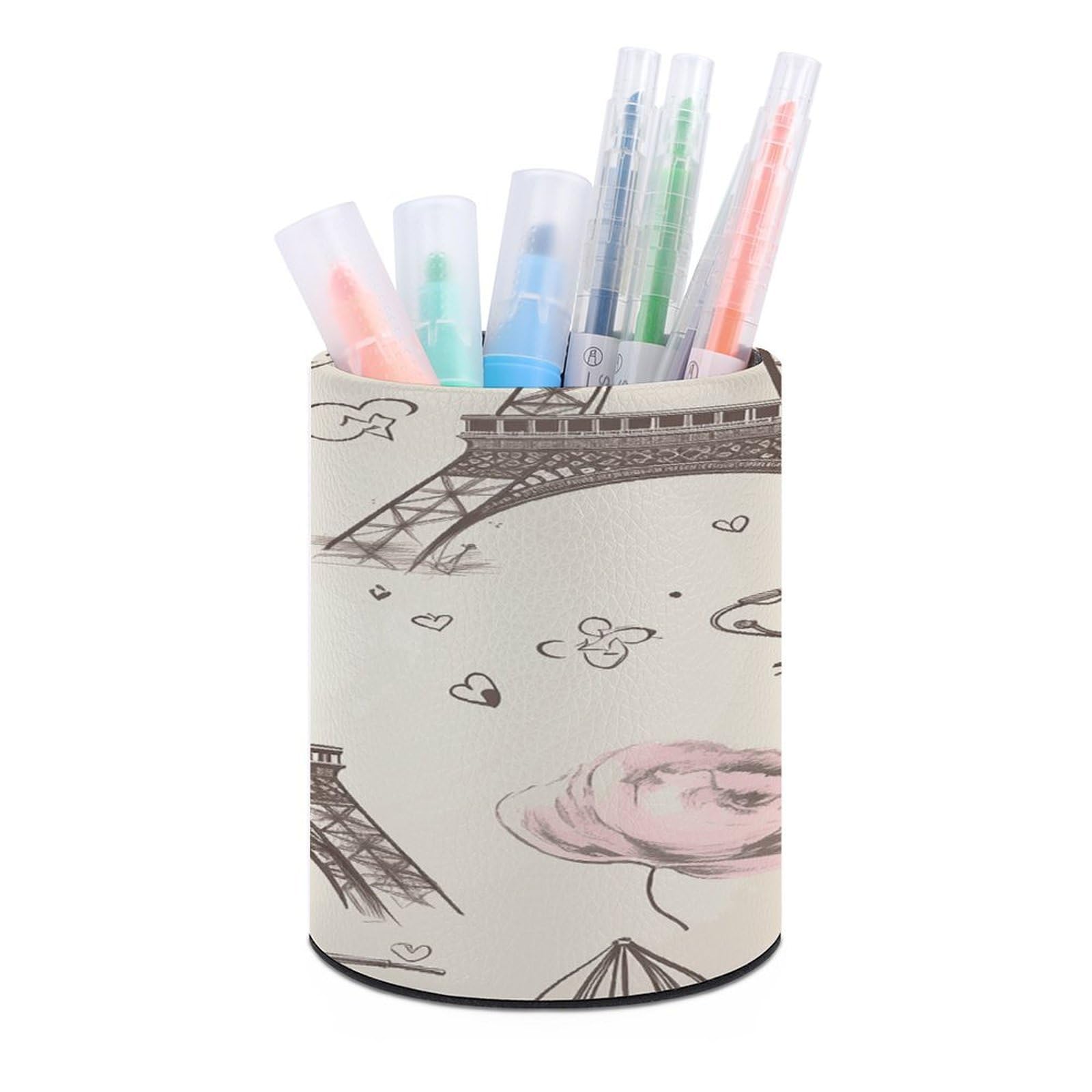 LDGSUPH The Eiffel Tower And A Bicycle Round Pen Holder Leather Pen Cup Pencil Cup Pen Organizer Pencil Holder for Desk Organizer Pencil Organizers Makeup Brush Holders for Home Office Gift