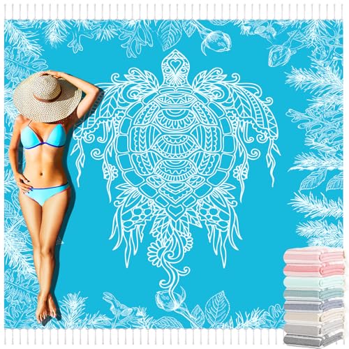 Image of Oversized Turkish Beach Towel Blanket Cotton Giant XL Sandproof Towels Huge Linen XXL Extra Large Big Throw Quilt Blankets for Adults Cloud Travel Camping Glamping Accessories Essentials Turtle
