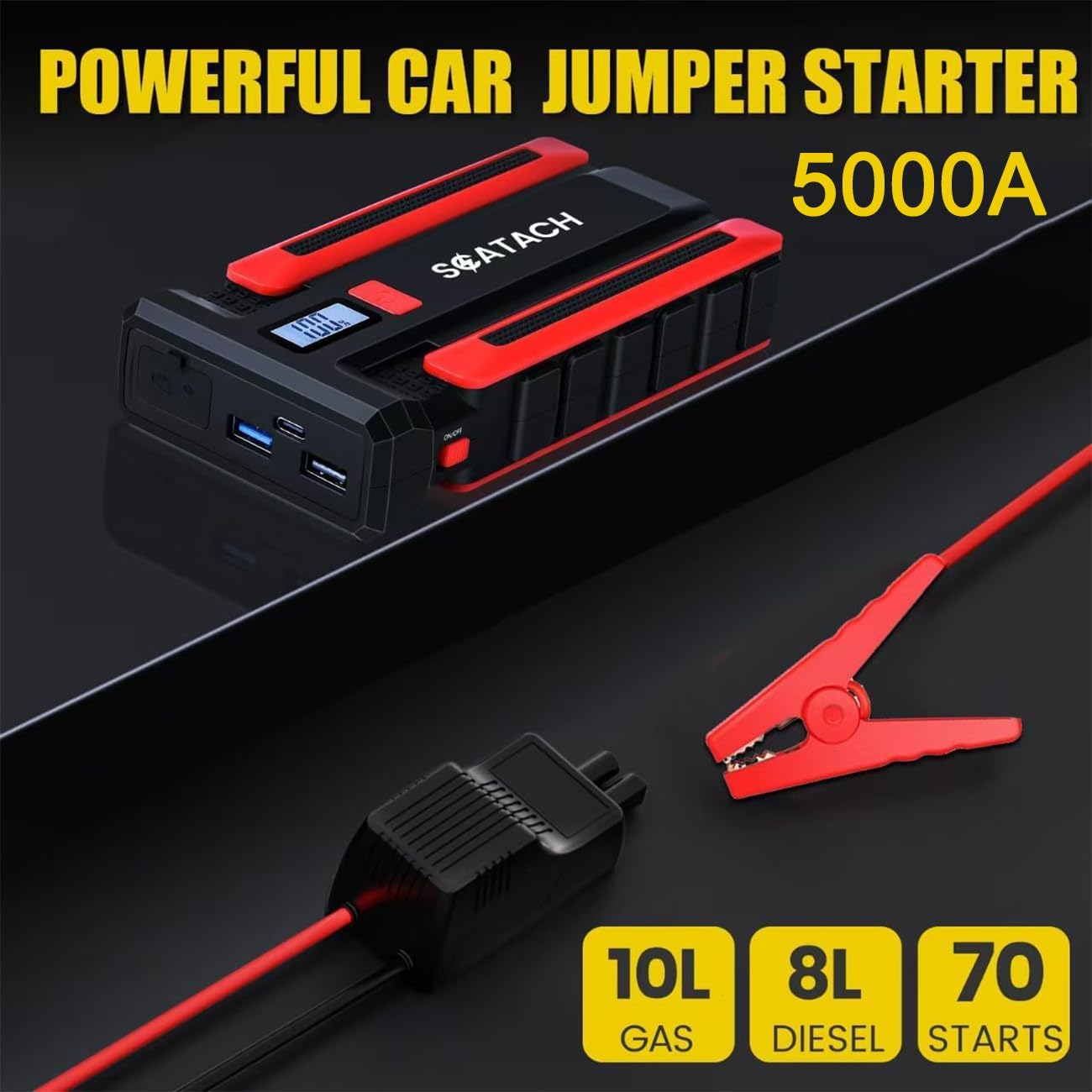 Scatach Jump Starter 5000A, 12V Car Battery Jump Starter Battery Pack (up to 10.0L Gasoline and 8.0L Diesel Engine), Portable Jump Box with Jumper Cable, LED Display, Flashlight - Image 2