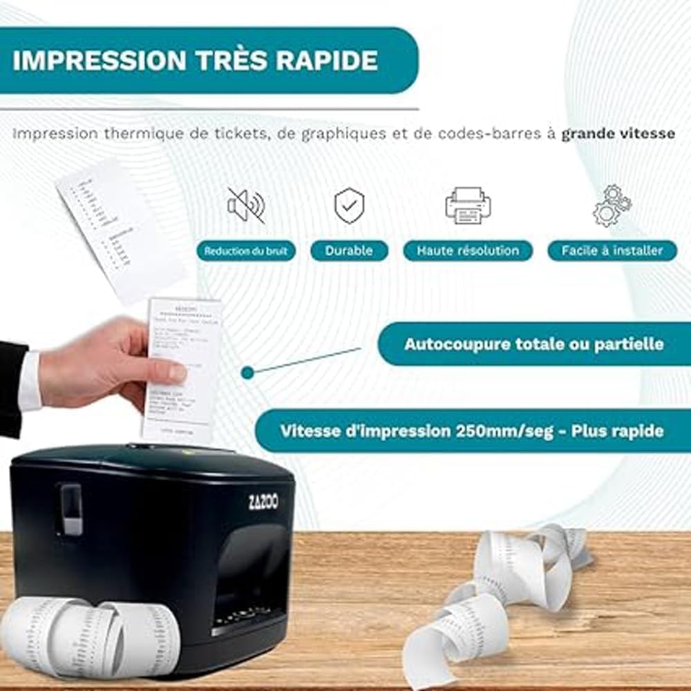 Imprimante Thermique Ticket de Caisse 80mm USB WiFi 250 mm/s Coupe Automatique Compatible Windows