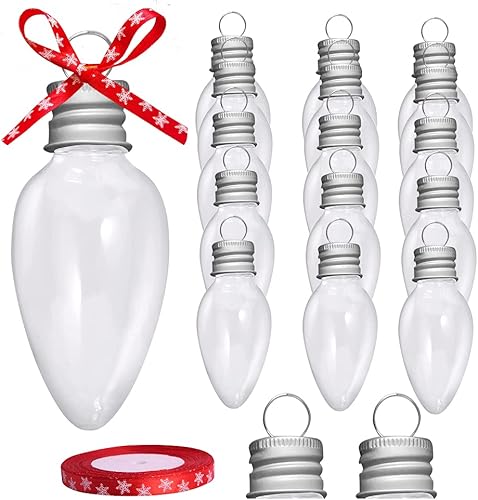 Paquete de 16 adornos navideños de plástico transparente con forma de bombilla rellenable de 3.4 pulgadas con tapa de rosca y 1 rollo de cinta roja