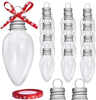 16 Packs 3.4 Inch Fillable Light Bulb Shape Clear Plastic Christmas Ornaments with Screw Off Cap and 1 roll of Red Snowfla...