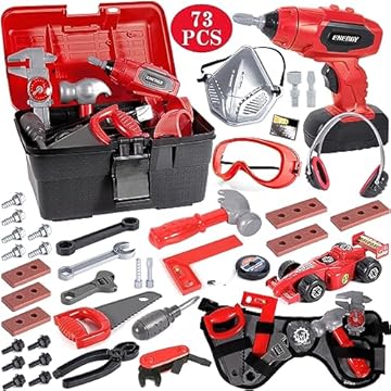 MULEVIP Cassetta Attrezzi 73 Pezzi, Giocattolo per Bambini 3 4 5 6 7 Anni, Giochi Costruzioni con Martello, Cacciavite, Trapano Elettrico