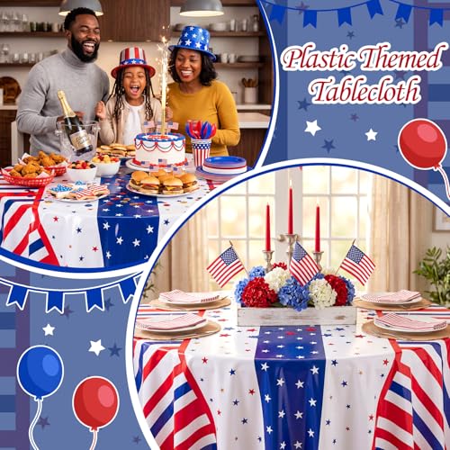 Image of Hahafelt 6 Pcs 4th of July Plastic Tablecloth 84 Inch Red White Blue Patriotic 250th Anniversary Round Disposable Table Cover American Flag Star Circular Tablecloth for Independence Day Decoration