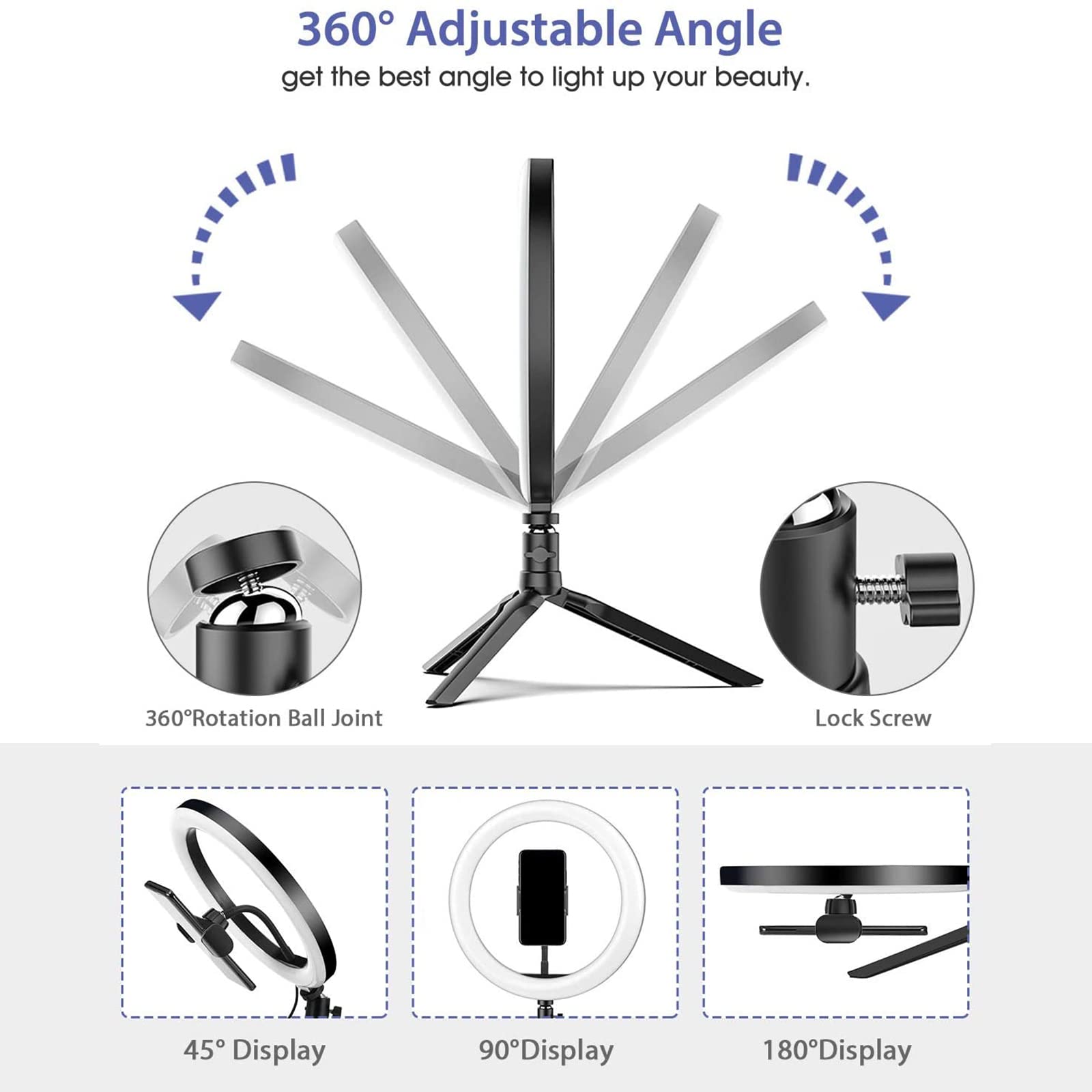 Anello luce dimmerabile OEBLD con 3 modalità di luce e 10 livelli di luminosità LED ad anello di riempimento luci per telefono Live Stream, trucco YouTube Shooting, D(10.2''ring light & tripod)