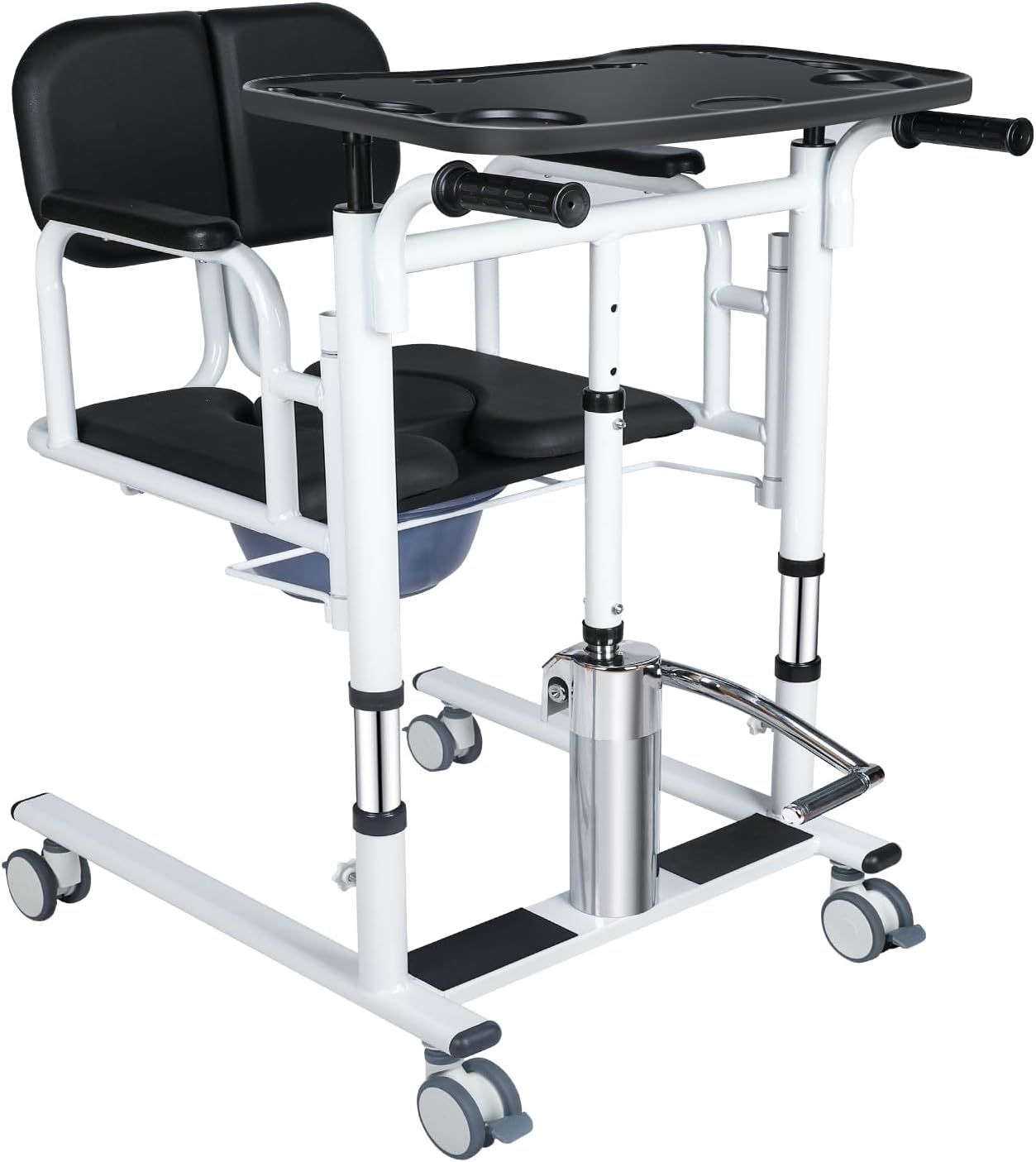 Patient Lift Transfer Chair for Elderly and Home, Portable Adjustable Height Lift Nursing Wheelchair 180° Split PU Leather and Thickened Sponge Seat