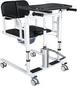 Patient Lift Transfer Chair for Elderly and Home, Portable Adjustable Height Lift Nursing Wheelchair 180° Split PU Leather and Thickened Sponge Seat
