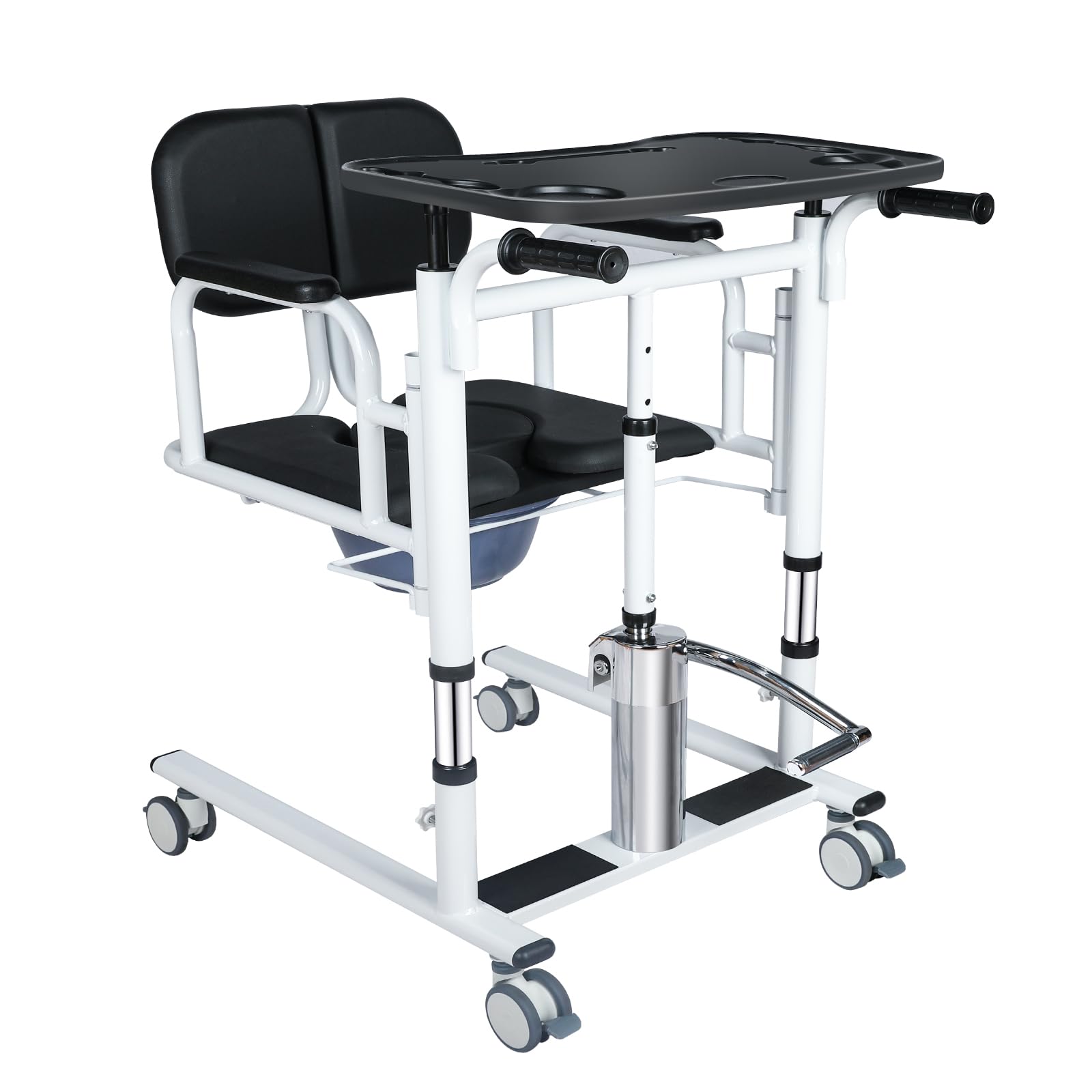Patient Lift Transfer Chair for Elderly and Home, Portable Adjustable Height Lift Nursing Wheelchair 180° Split PU Leather and Thickened Sponge Seat