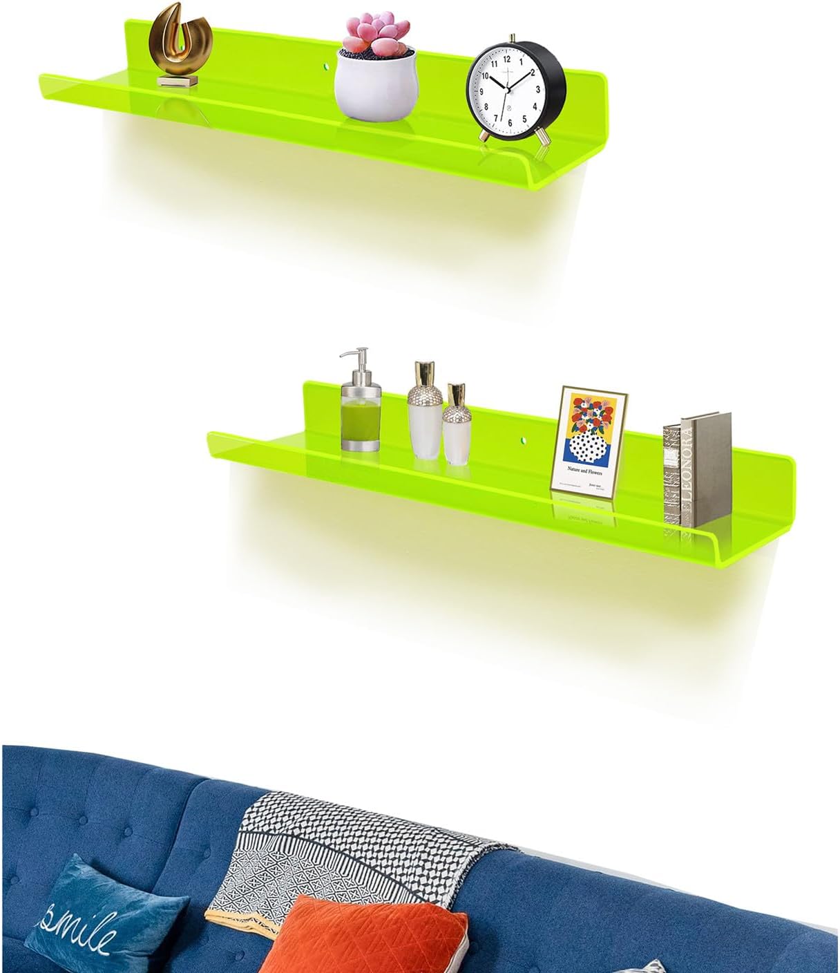 ROYALITA 24 Inches Acrylic Floating Book Shelves Wall Mounted Set of 2, Wall Hanging Plant Display Shelves, Room Decor Floating Wall Shelves for Gaming Room, Bedroom, Living Room, Office, Gree