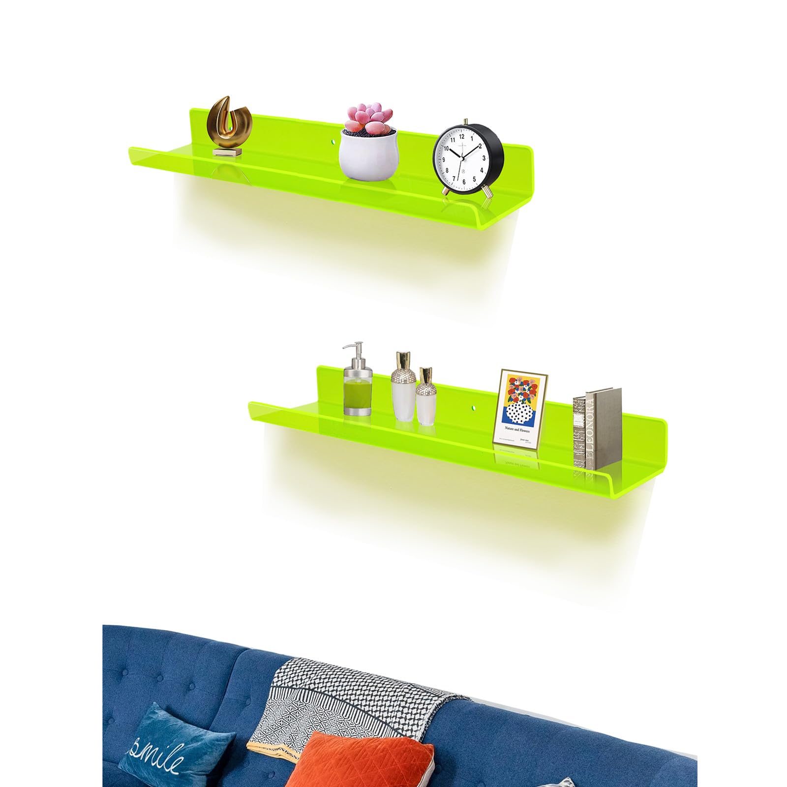 ROYALITA 24 Inches Acrylic Floating Book Shelves Wall Mounted Set of 2, Wall Hanging Plant Display Shelves - Image 6