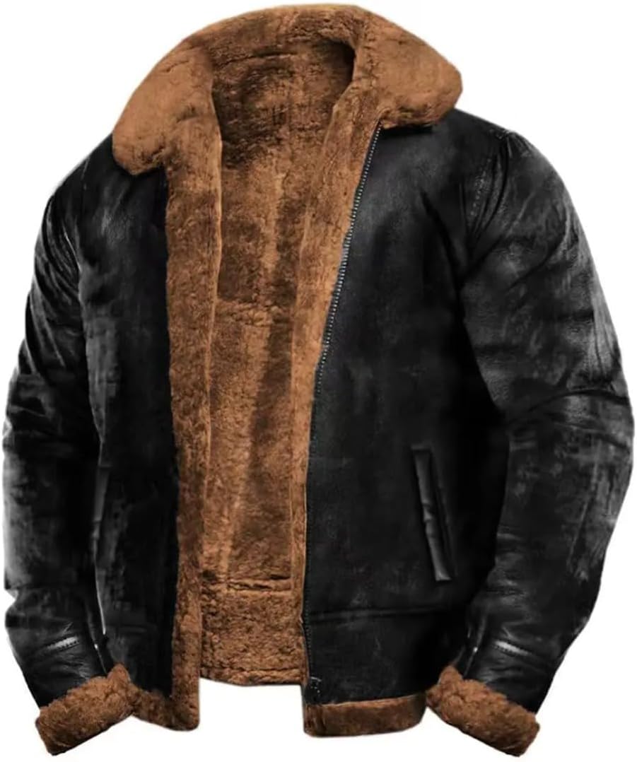 Vintage B3 Pilot Bomber Jacket for Men, Distressed Faux Leather Shearling Lined Winter Coat