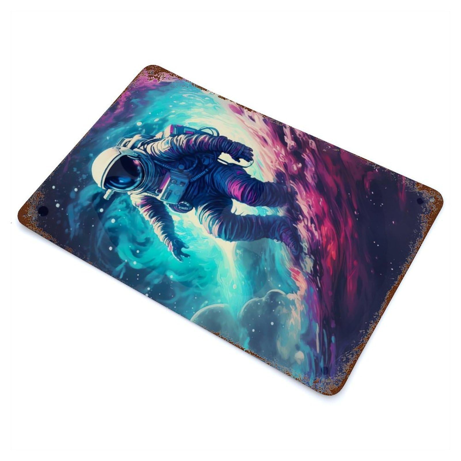 Distressed Metal Wall Sign with Astronaut in Space Surfer Design 11.8"x7.9", for Living Room, Hallway And Home Decor, Vintage Wall Decor