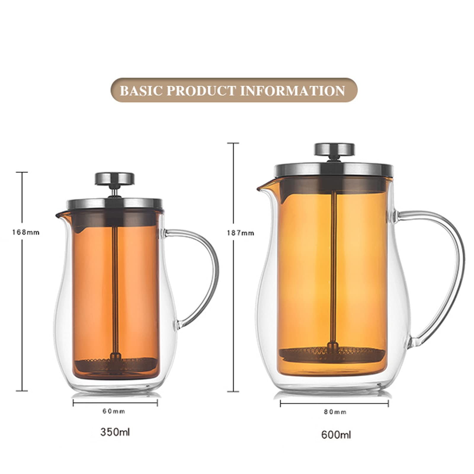 French Press zaparzacz do kawy dzbanek do herbaty podwójna ścianka szkło borokrzemowe 304 system filtracji ze stali nierdzewnej przezroczysta prasa do kawy, bursztyn, 600 ml