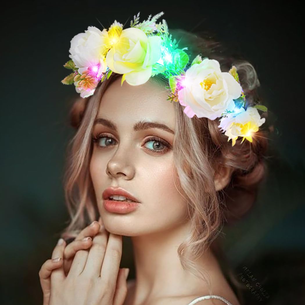Vakkery LED Flower Crown Headbands Light Up Garland Headband Floral Wreath Headdress Festival Hair Accessories for Women - Image 3