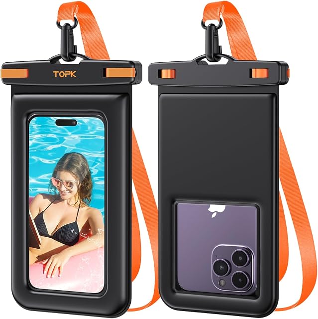 TOPK Wodoszczelne etui na telefon, uniwersalne, iPX8, do pływania, sucha torba, do iPhonea 14, 13, 12, 11, X, Plus, Pro, Max, modeli Samsung S23, S22, do 7, czarne, 2 szt.