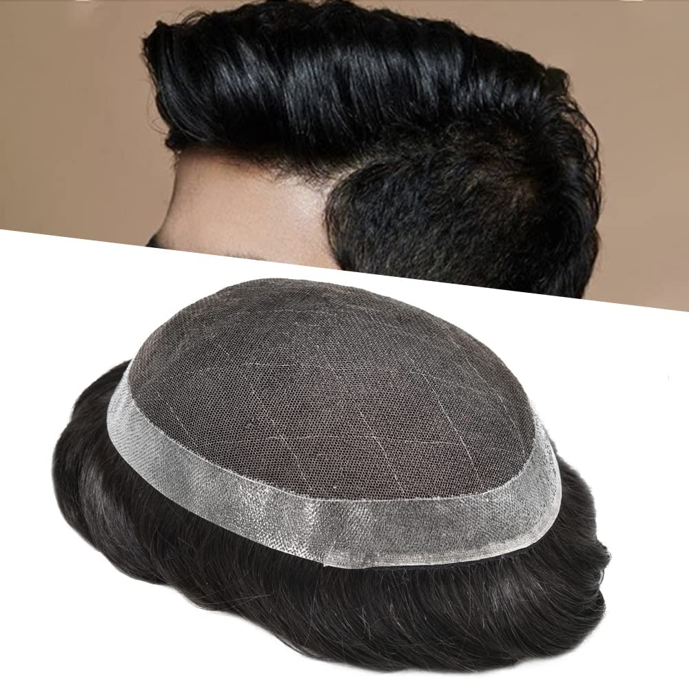 Photo 1 of Toupee for Men Hairpieces French Lace Mens Toupee Human Hair Replacement System Male Hair Unit Wigs (7''X9'', #1B Off Black)