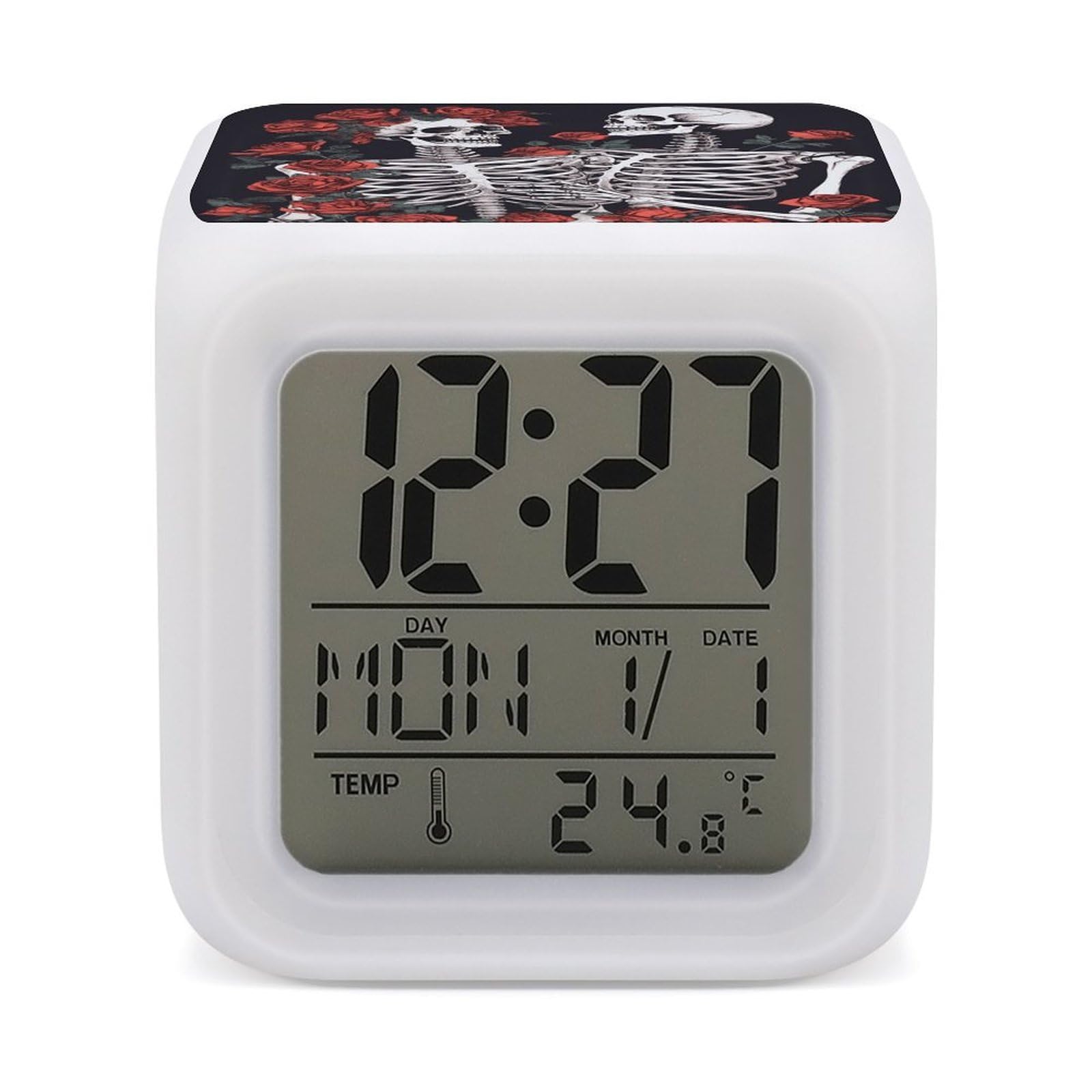 VstaDank Rose and Skeleton Alarm Clock for Bedrooms Small Clocks with 7 Color Night Light Desk Clock with Large Numbers Loud Wake Up Timer Ideal for Gift & Room Decor