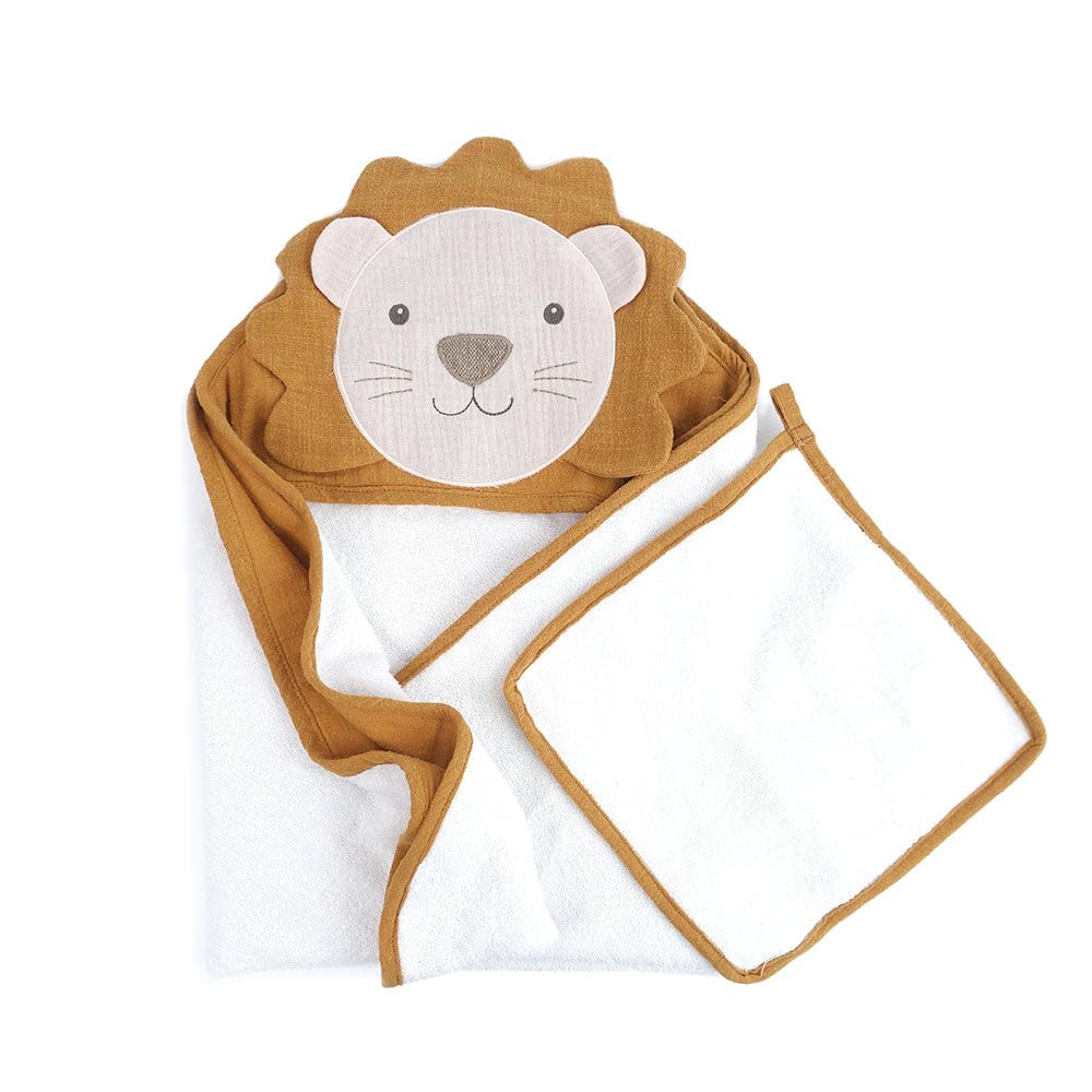 MON AMI Petit Lion Ensemble serviette à capuche et débarbouillettes – Serviette de bébé en coton éponge doux, serviette pour bébé de 76,2 cm et gant de toilette de 25,4 cm, couche supérieure en