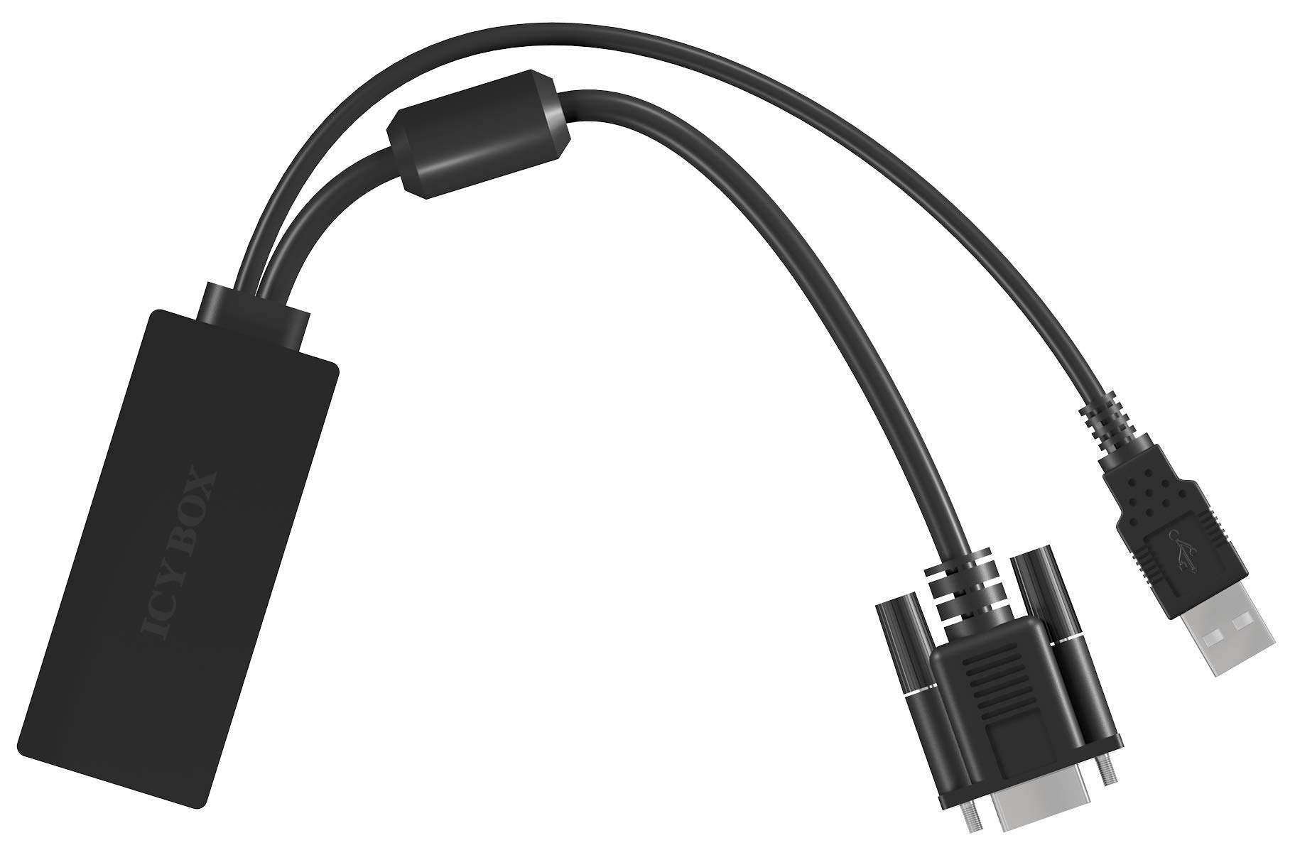 Icy Box IB-AC512 adapter wideo VGA + Audio (przez złącze USB) na HDMI, Full HD (1920 x 1080), 2 kanały/wirtualny dźwięk 5.1, czarny