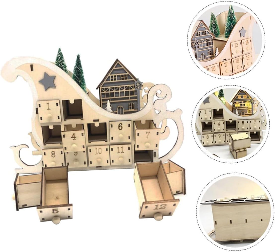 1pc Wooden Christmas Countdown Calendar Light Box Creative Home Sled Ornament for Holiday Decor Day Advent Calendar for Festive Family Celebrations