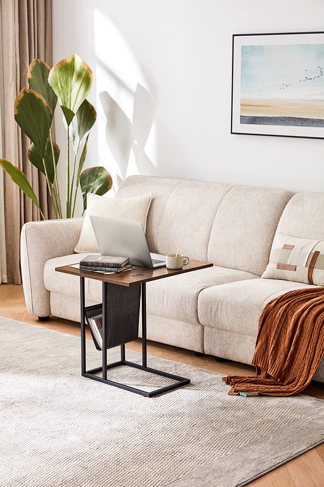 Modern Foldable Side Table With Black Pocket, Mini Laptop Desk, Couch Table for Coffee, Snack and Laptop, 48L*29.8W*59.5H cm, Brown, Easy To Assembly