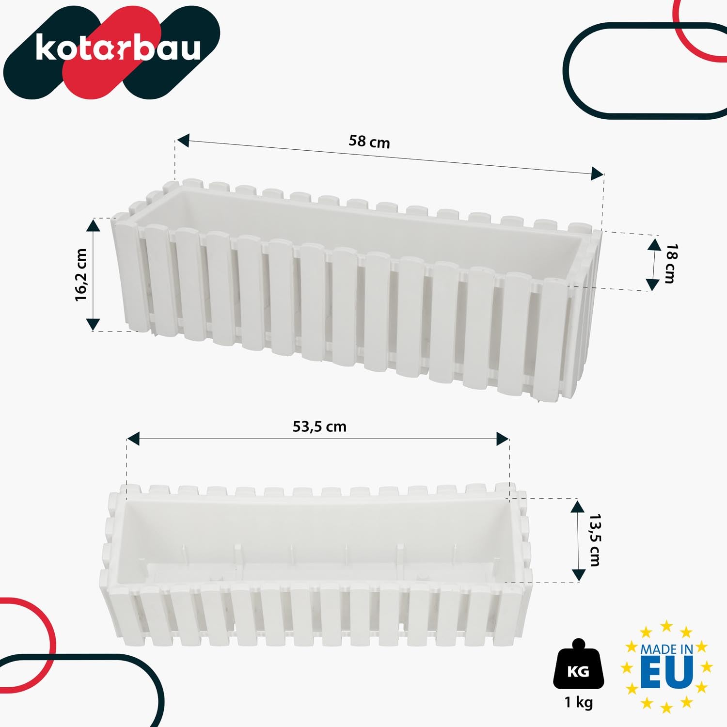 KOTARBAU® 6 uds Maceta - Jardinera Exterior - Macetero Autorriego - Macetas Plástico - 58 x 18 x 16 cm - Blanco - Maceta Colgante - Jardinera Balcon - Macetas para Colgar