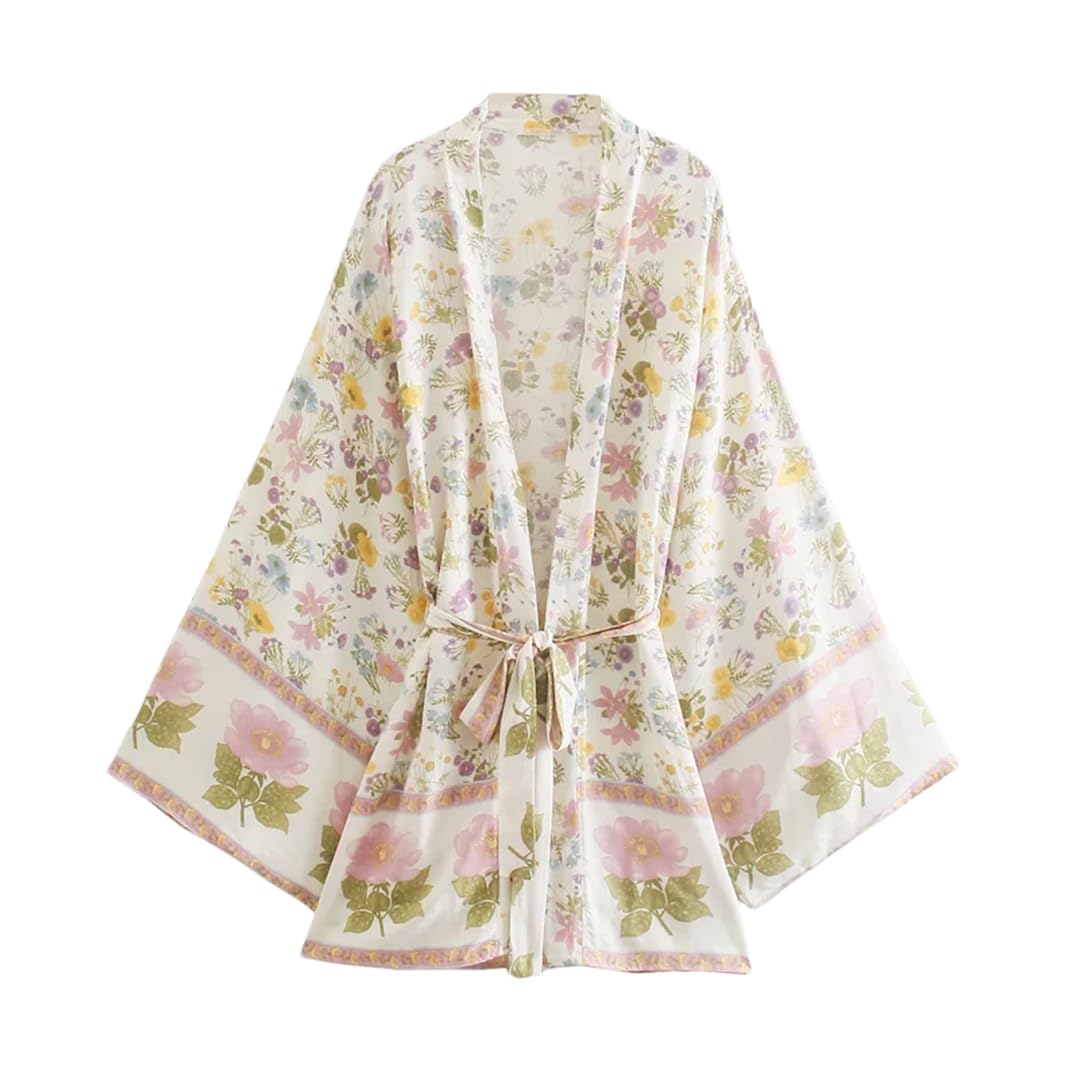 Disimlarl Kimono da donna con stampa floreale, stile bohémien, scollo a V, maniche a pipistrello, corto, da spiaggia, bikini bohémien