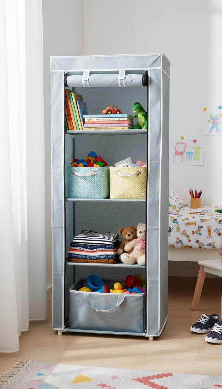 OBBO 4-Layer Single Rack Wardrobe | Portable Foldable Fabric Closet with Steel Frame & Protective Cover | Compact Storage Organizer for Clothes, Toys, Books & Accessories 3