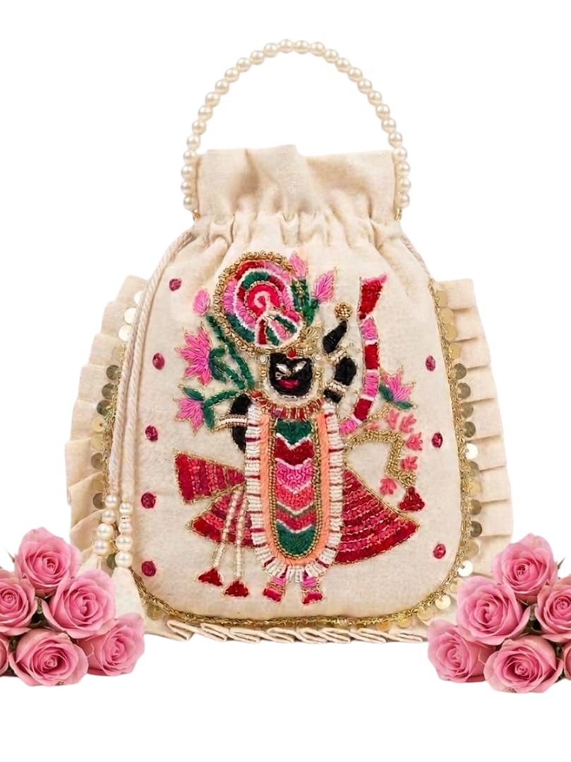 Embroidered Potli Bag for Women | Traditional Ethnic Handbag for Wedding, Festive, Puja, Return Gifts & Party | Shrinathji Design Drawstring Potli Purse with Ruffle Border-image-11