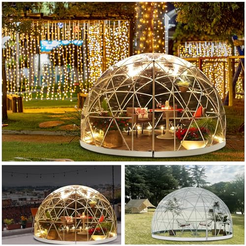 2.9 x 1.8m Gewächshaus Gartenkuppel Iglu, PVC Blasenzelt für 2-4 Per, Gartenblasenzelt mit 2x10m Lichterketten, Durchsichtiges Kuppelzelt für Hinterhof, Weihnachten, Party