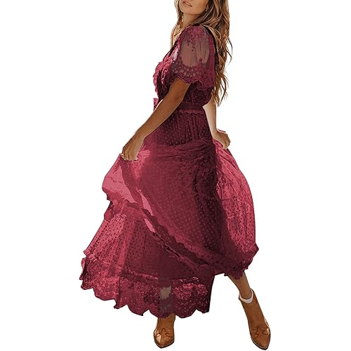 Bdcoco Women's V Neck Button Down Floral Lace Maxi Dress Casual Short Sleeve Boho Flowy Dresses