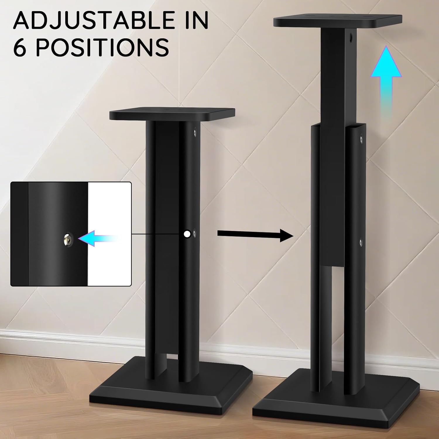 Wood Speaker Stands Pair 25-34 Inch Height Adjustable (63-84CM), Universal Desktop Floor Speaker Stands Studio Monitor Stands, Enhanced Audio Listening Experience for Home Theater, Black
