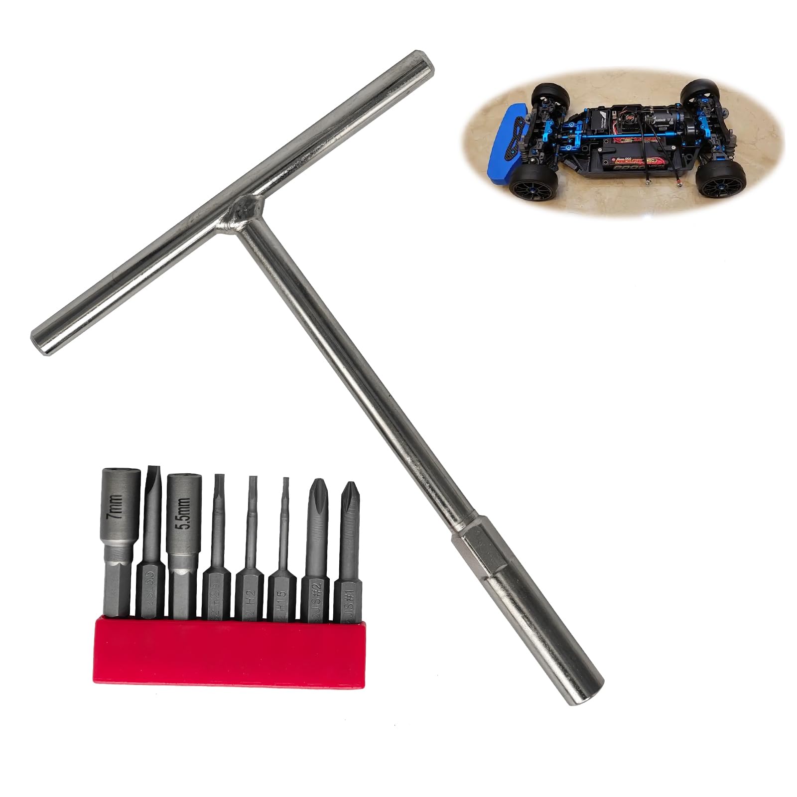 8Pcs RC Car Tools Set, JIS & Allen Bits, S2 Steel Magnetic Screwdriver Bits with Mini T-Handle Socket Wrench, 7mm Wheel Nut Tool for Tamiya Compatible Tools, RC Model Kits & Trucks