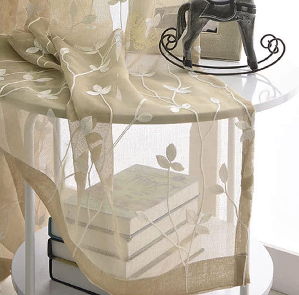 Simple Leaf Embroidered Transparents Panel Sheer Curtains Rod Pocket Gauze Drape for Living Kids Nursery Room Bedroom