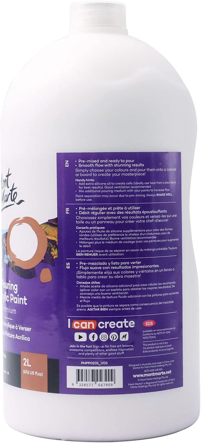 Mont Marte Premium Pouring Acrylic Paint, 2L (67.6oz), Titanium White, Pre-Mixed Acrylic Paint, Suitable for a Variety of Surfaces Including Stretched Canvas, Wood, MDF and Air Drying Clay.