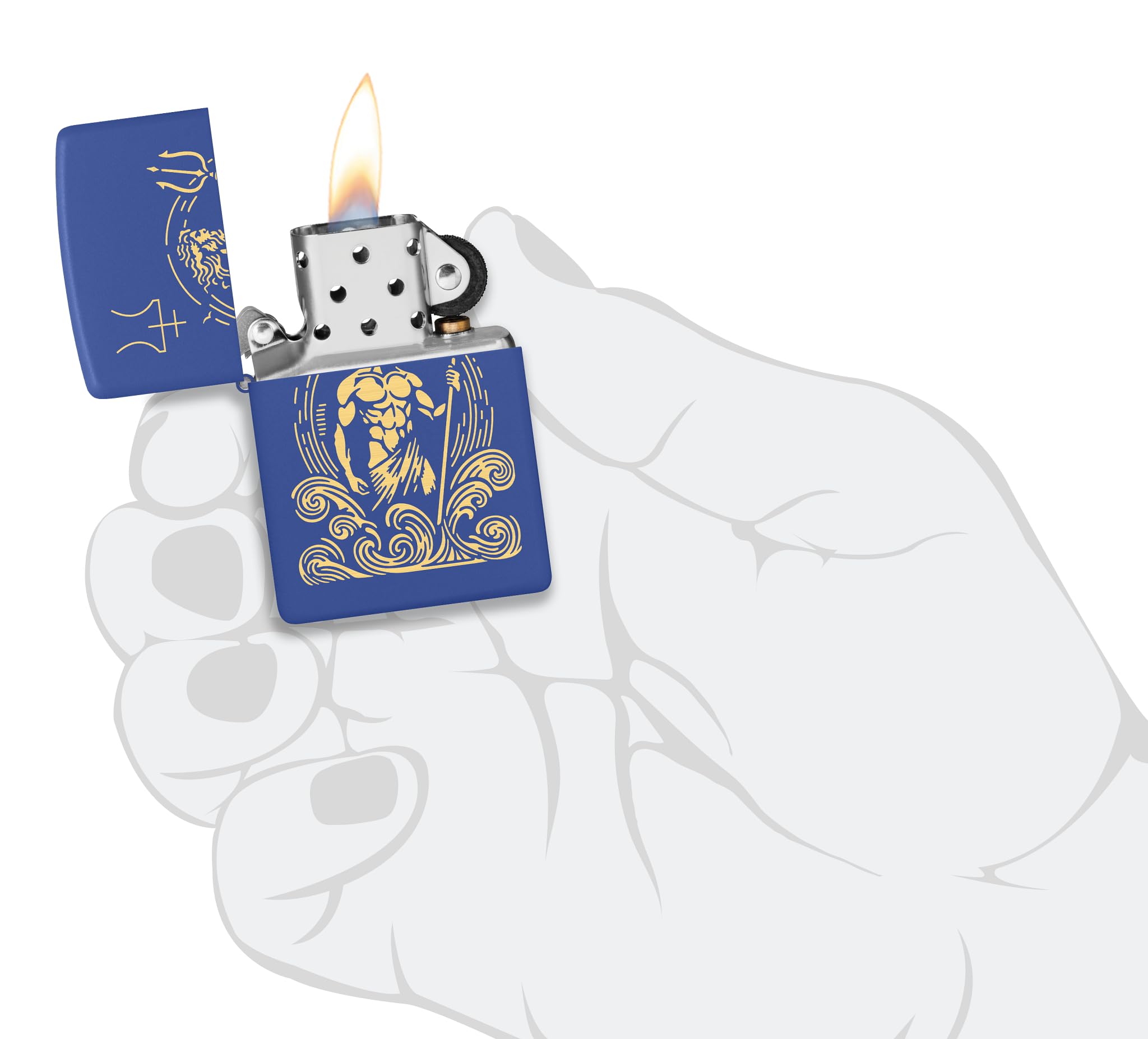 Zippo Accendino da tempesta – God Nettune, Royal Blue Matte, Laser Engrave – Ricaricabile – Riutilizzabile – Design antivento – Confezione regalo – Made in USA