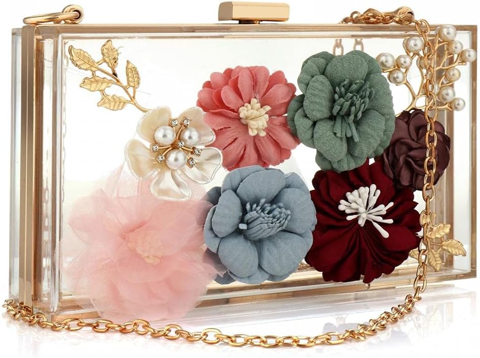 Gets PU Leather Purses and Handbags for Women Floral Beaded Clutch Purse for Wedding Clear Crossbody Bag