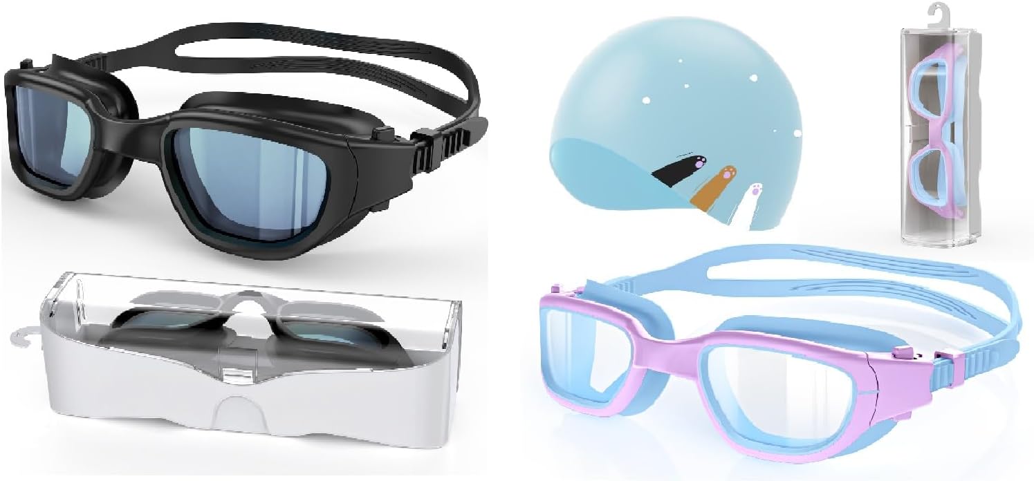 Polarized Adult Swim Goggles + Kids Swimming Goggles with Silicone Swim Cap for Boys Girls